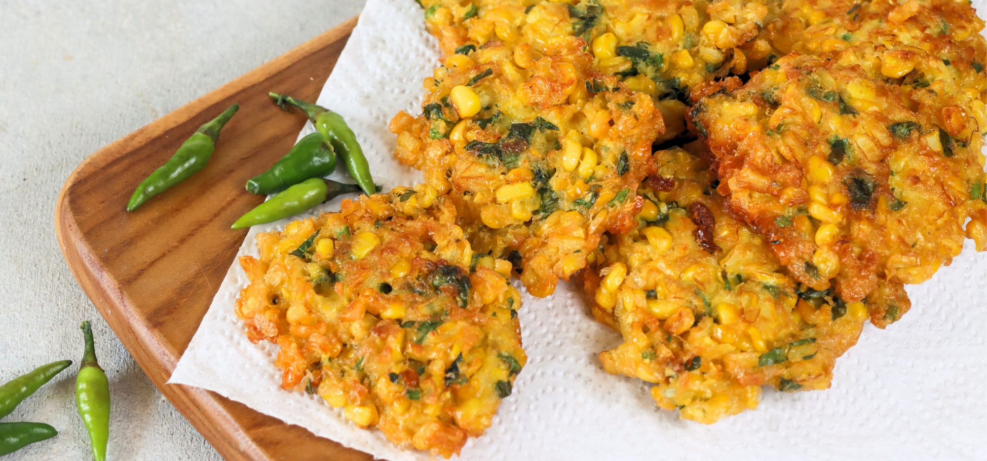 Corn and Shrimp Donuts with Tomato and Spinach Salad