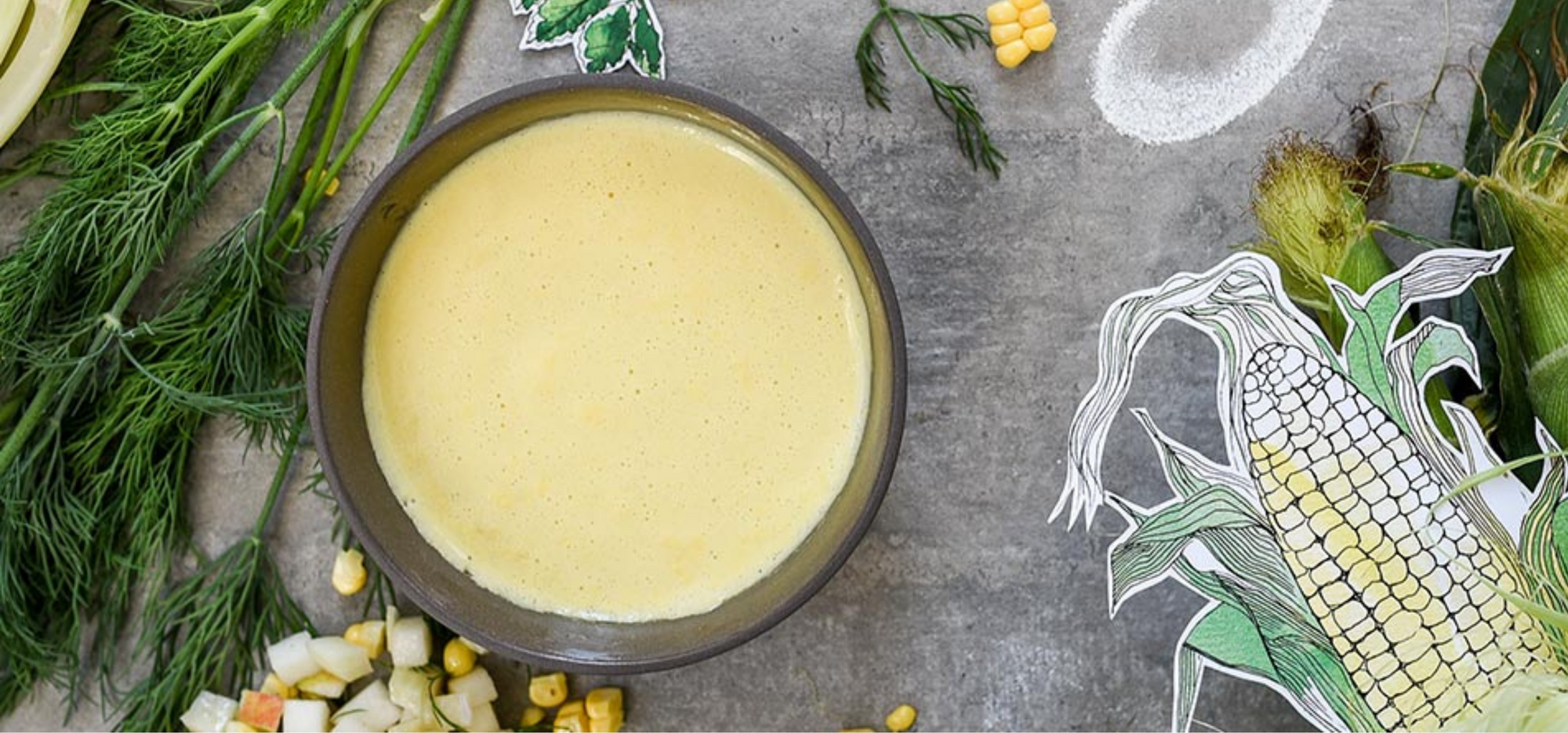Cream of corn soup and fennel-apple-mint salsa