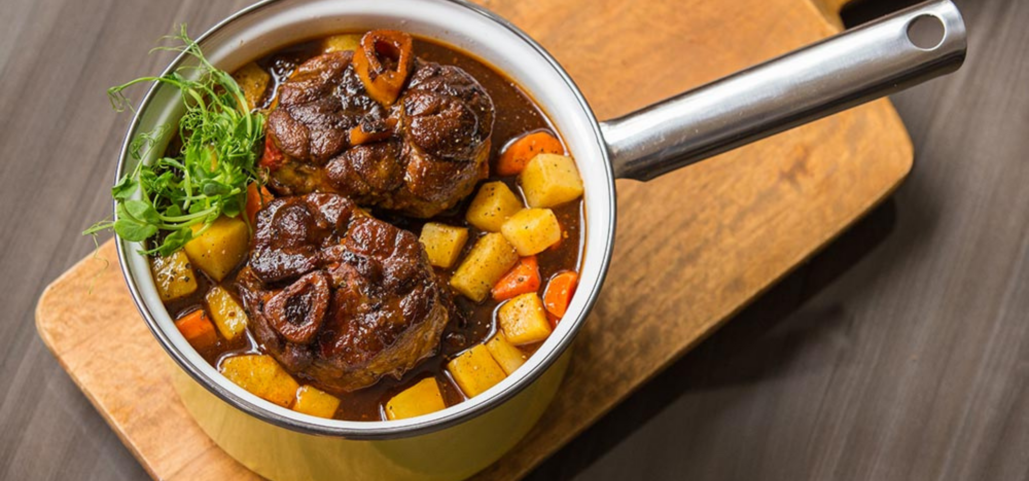 Québec Pork Osso Buco, with Caribou Sauce and Root Vegetables