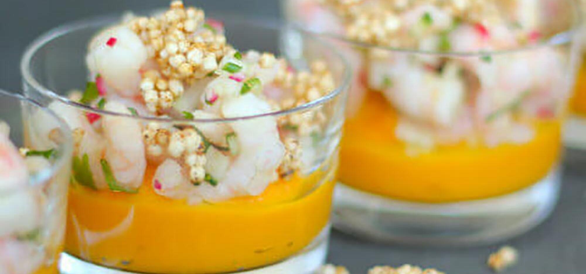 Shrimp salad and carrot purée