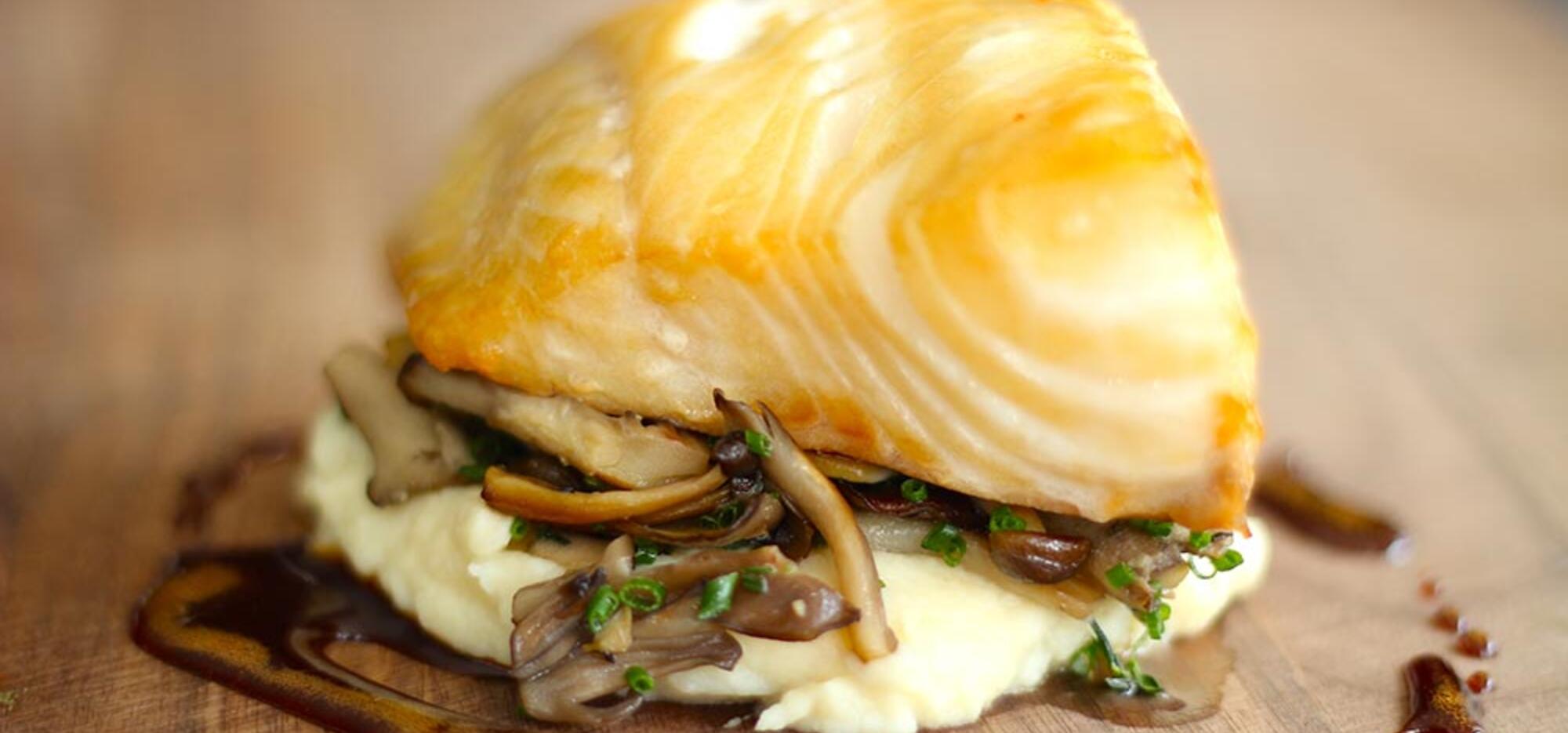 Honey and Soy Sauce-marinated Fish, Celeriac Purée and Pan-fried Wild Mushrooms