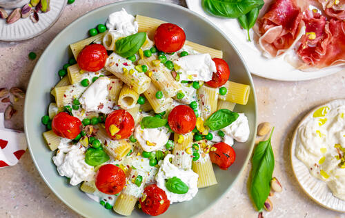 Pasta Burrata di Bufala-Basilic, Fresh Peas & Pistachios