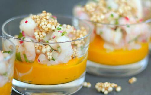 Shrimp salad and carrot purée