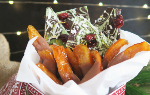 Duo à offrir: Barres choco-matcha et écorces d'oranges confites choco-chaï