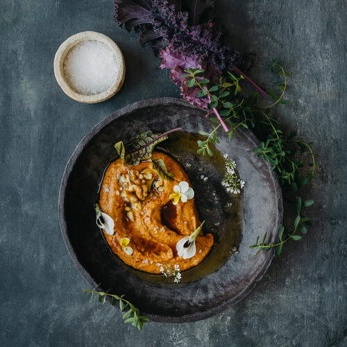 Mouhamara with roasted peppers, walnuts and pomegranate molasses
