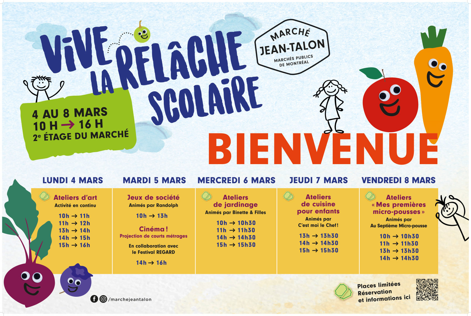 Affiche de la programmation des activités gratuites de Vive la relache scolaire 2024 au Marche Jean-Talon